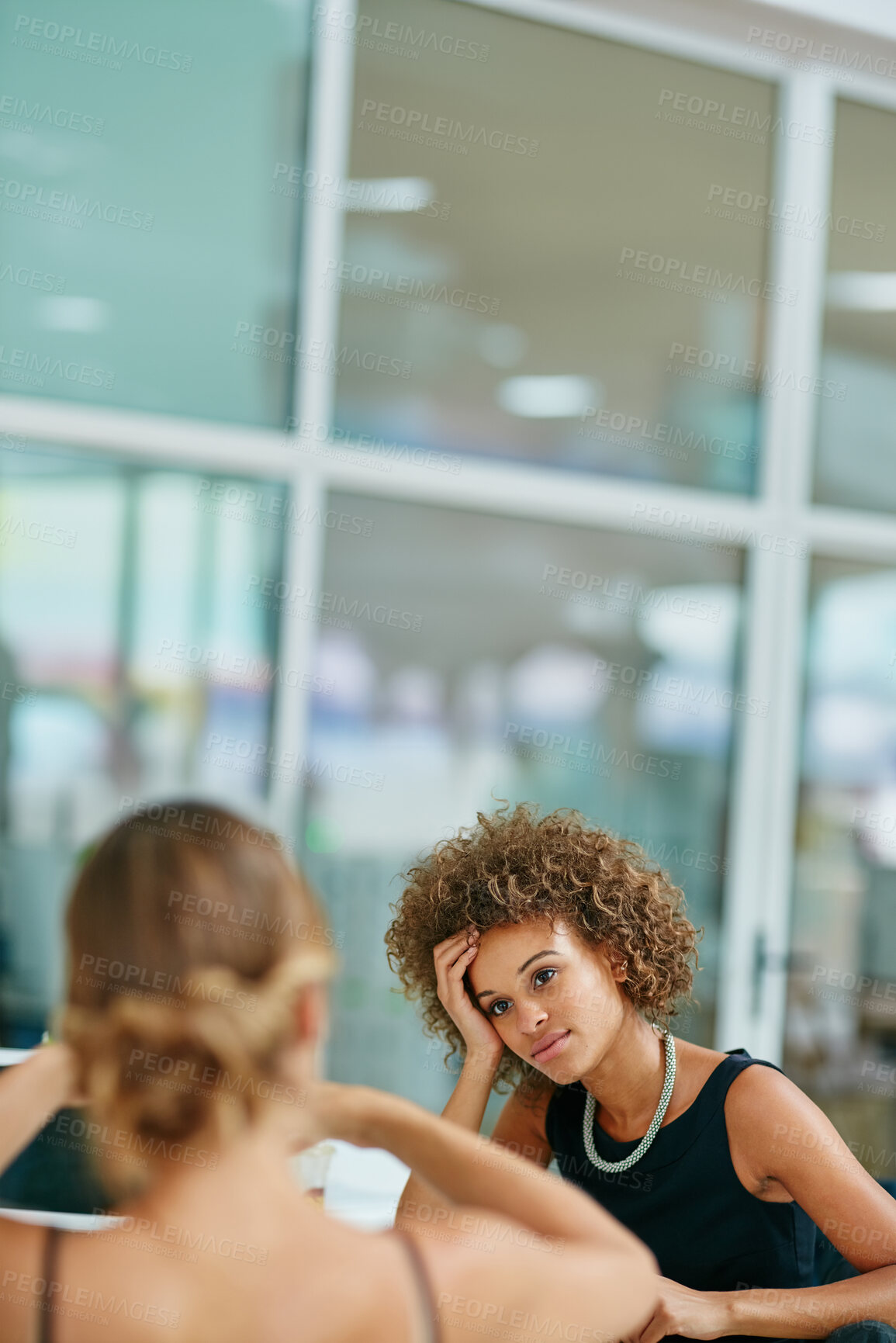 Buy stock photo Women, business and relax in office with chat, discussion and workplace gossip. Tired, staff and break in building cafeteria for rest, conversation and company relationship development on long day