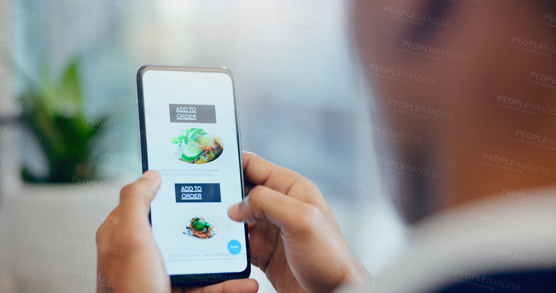 Buy stock photo Hands, phone and man order food online with menu for dinner, meal or supper at home. Technology, restaurant and person scroll with cellphone screen on internet for gourmet dish for lunch at apartment