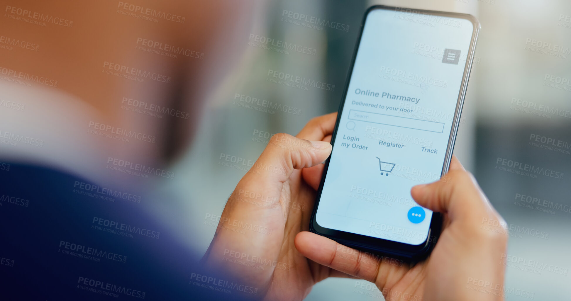 Buy stock photo Hands, phone and man online pharmacy app for treatment, medication or supplements at home. Technology, ecommerce and person scroll with cellphone on internet for vitamins or pills order for delivery.