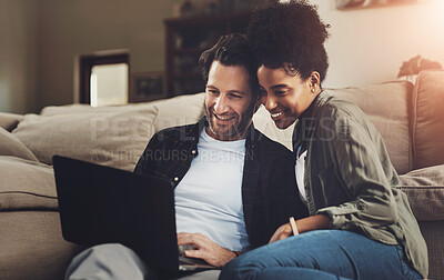 Buy stock photo Laptop, relax and couple in home planning for romantic holiday, weekend trip or getaway. Happy, research and interracial man and woman booking accommodation online with computer together in house.