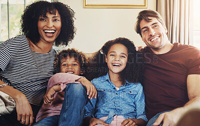 Buy stock photo Portrait, parents and children with love, support and care for trust, together or happiness in bonding. Family, woman and kids with man in play, connection and comfort on couch in home or living room