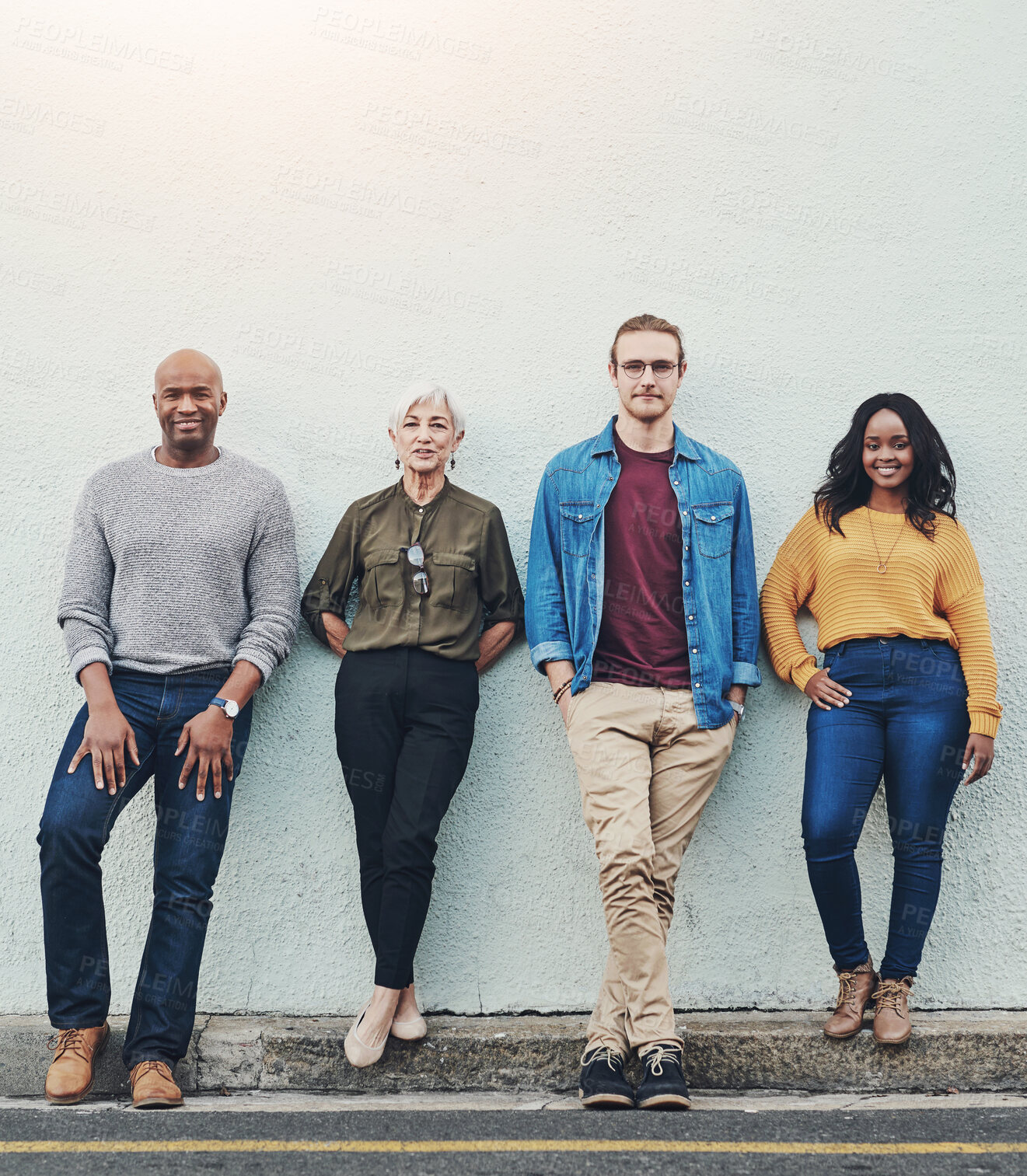 Buy stock photo City, diversity and portrait of friends on wall background together for acceptance or equality together. Community, smile and street with group of happy people outdoor in urban town on mockup space