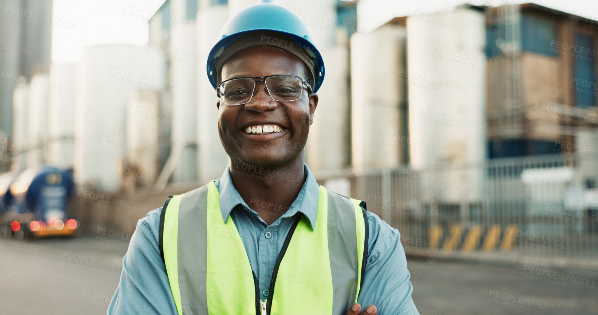 Buy stock photo Engineer, outdoor and black man with portrait at construction site for maintenance, building repairs or project development. Industrial, safety and employee for confidence, infrastructure or labour