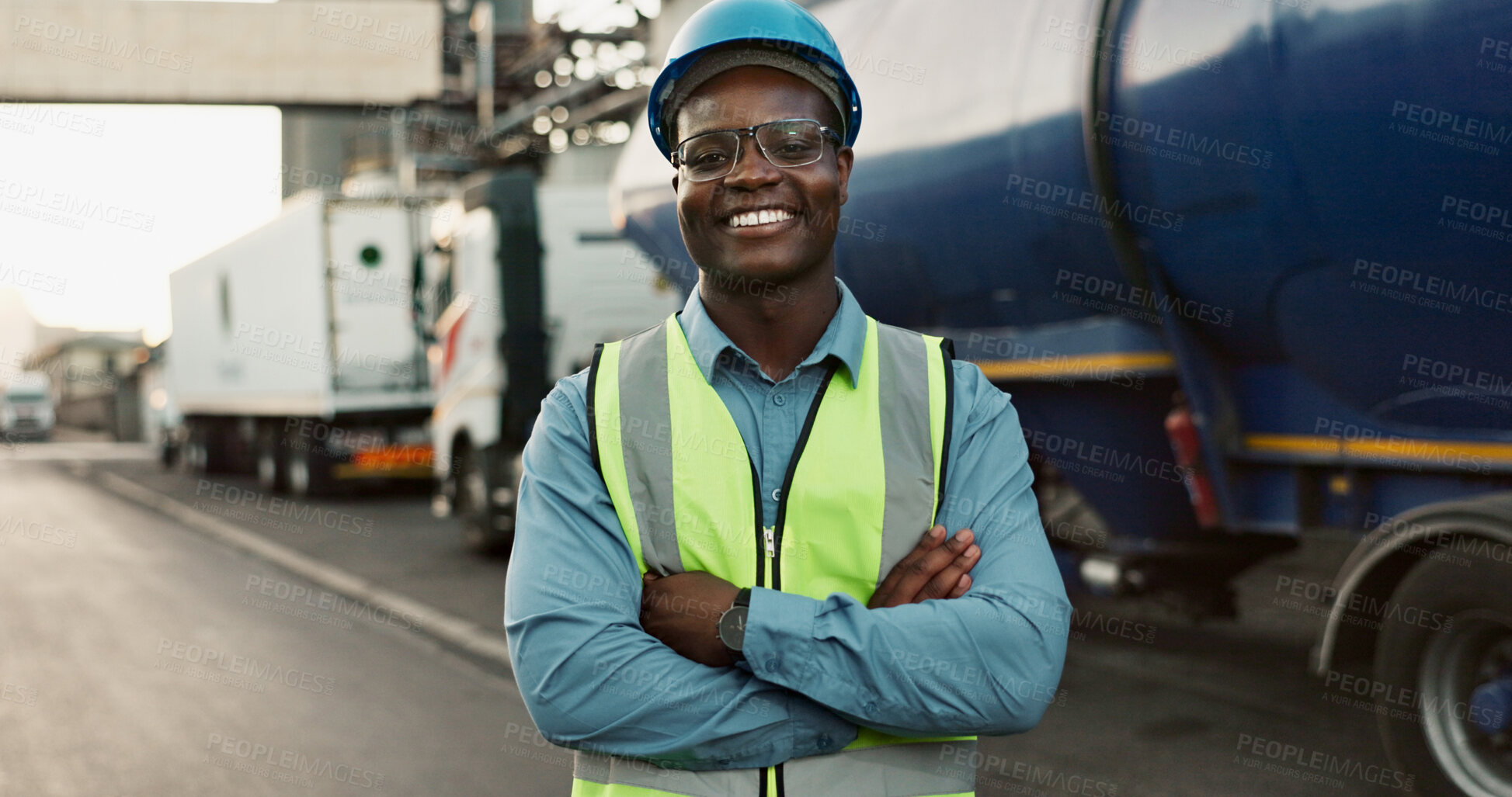 Buy stock photo Man, portrait and outdoor at factory with confidence for logistics, gear for safety and smile for health. Male driver, happy and outside warehouse with semi truck for supply chain, job with transport