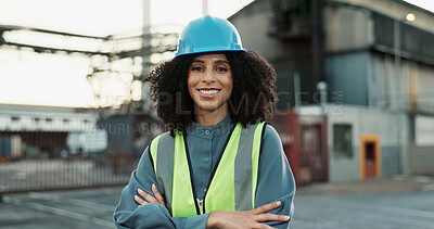 Buy stock photo Industrial, portrait and woman with arms crossed at construction site for maintenance, building repairs or project development. Engineer, safety and employee for confidence, infrastructure or labour