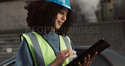 Buy stock photo Construction, planning and black woman on tablet in city for inspection, building and maintenance. Engineering, architecture and person on digital tech for project, infrastructure and manufacturing