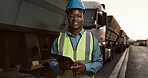 Construction worker, man and tablet with portrait by truck for vehicle inspection for logistics and cargo export. Transport industry, site manager or black employee with app for maintenance and smile