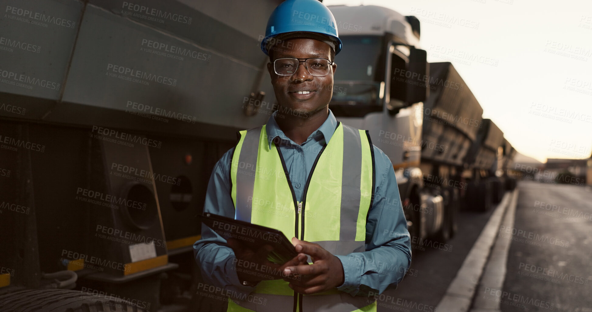 Buy stock photo Construction worker, man and tablet with portrait by truck for vehicle inspection for logistics and cargo export. Transport industry, site manager or black employee with app for maintenance and smile