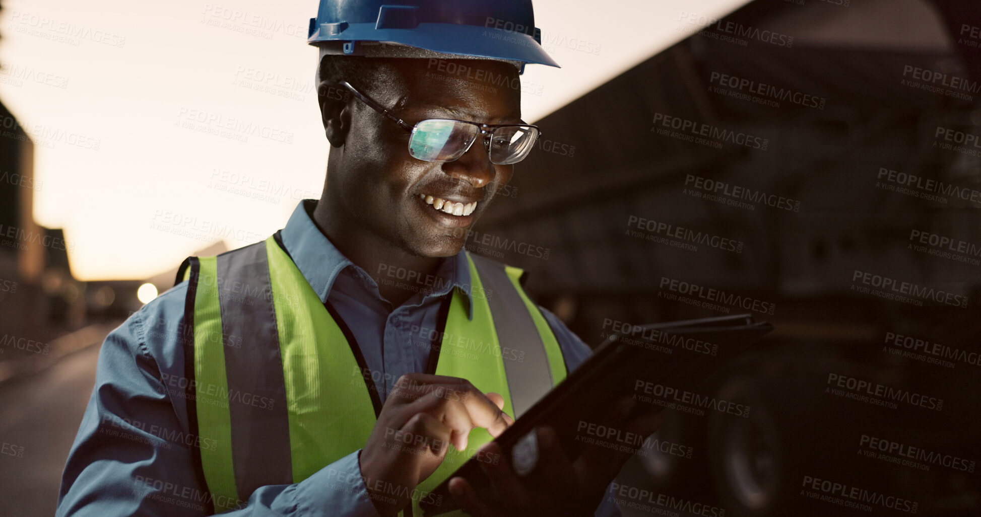 Buy stock photo Construction site, happy and black man on tablet in city for planning, building and maintenance. Civil engineering, architect and person on digital tech for project, infrastructure and manufacturing