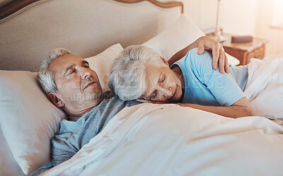 Buy stock photo Senior couple, sleeping and bed with retirement, dream and rest in the morning in a nursing home. Marriage, care and love with nap together in bedroom with cuddle, embrace and people with peace