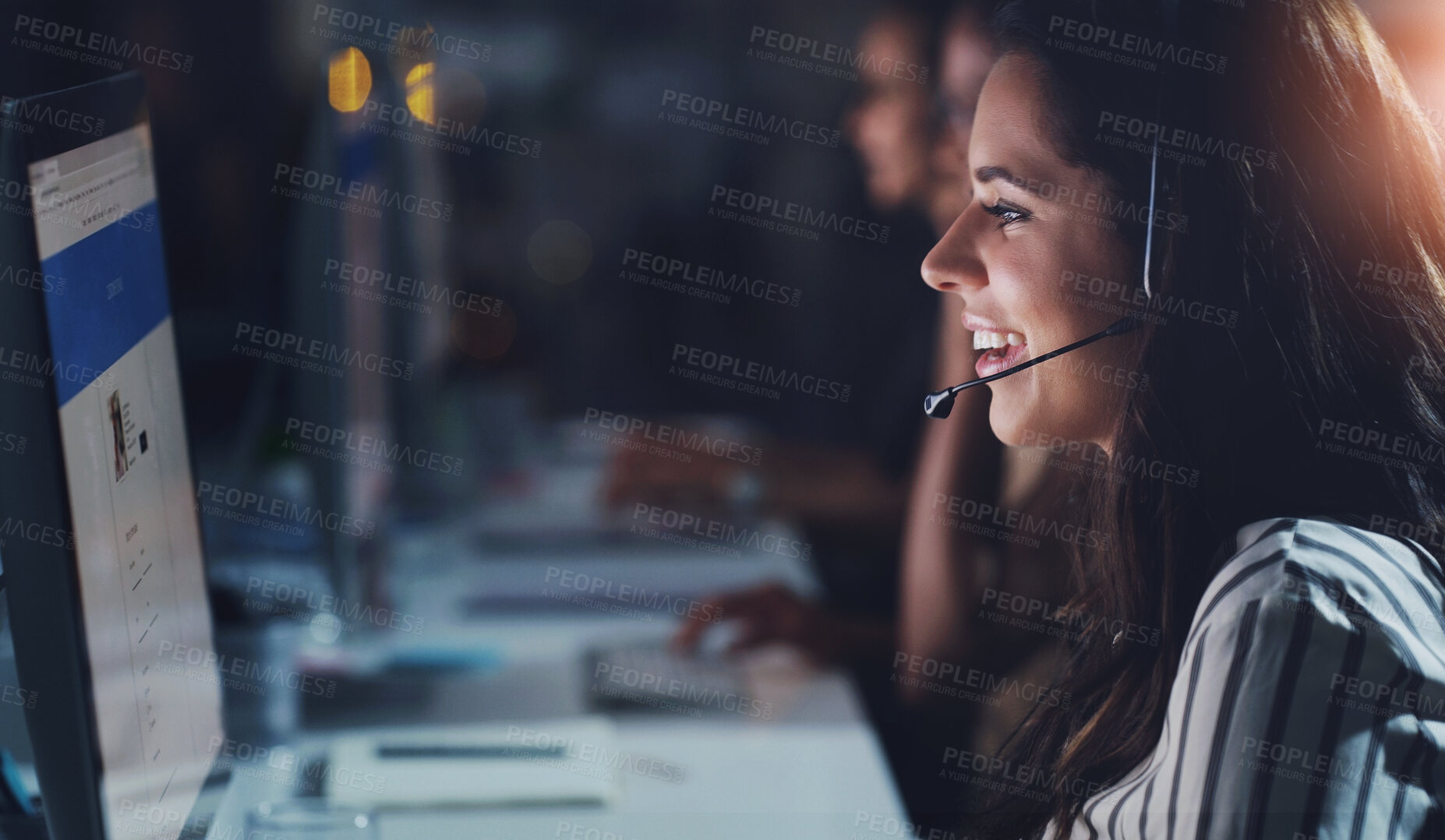 Buy stock photo Business woman, computer and conversation in call center for telecom, help and online advice in office. Customer service agent, pc and multilingual support with translation, web chat and working late