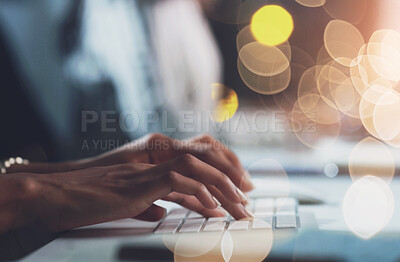 Buy stock photo Business woman, hands and typing for research with communication, digital report and bokeh in office. Female journalist, fingers and keyboard for editing article, info summary and online newsletter