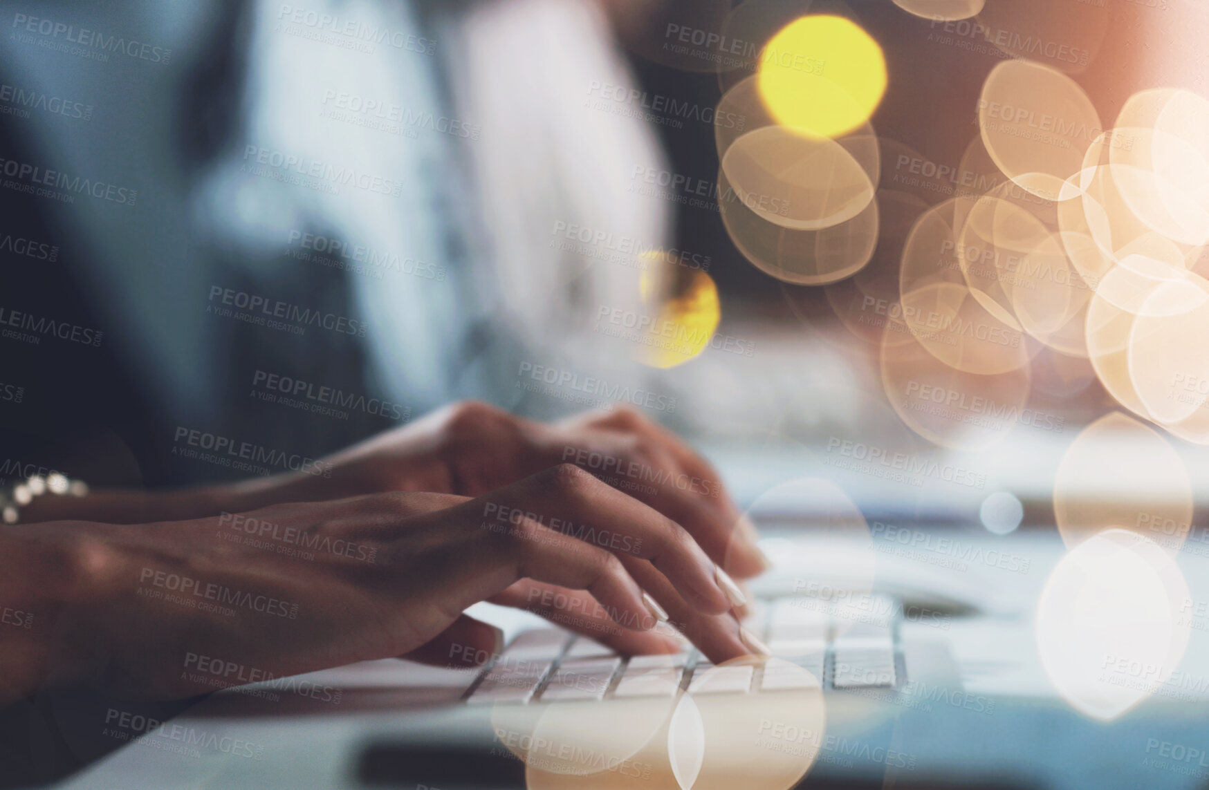 Buy stock photo Business woman, hands and typing for research with communication, digital report and bokeh in office. Female journalist, fingers and keyboard for editing article, info summary and online newsletter