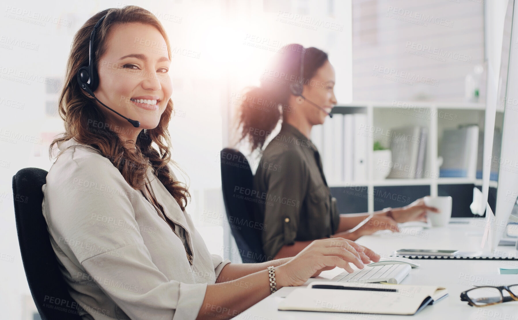 Buy stock photo Woman, portrait and smile in call center for customer service, telemarketing and FAQ in office. Female consultant, happy and headset at desk with team, communication and technical support with tech