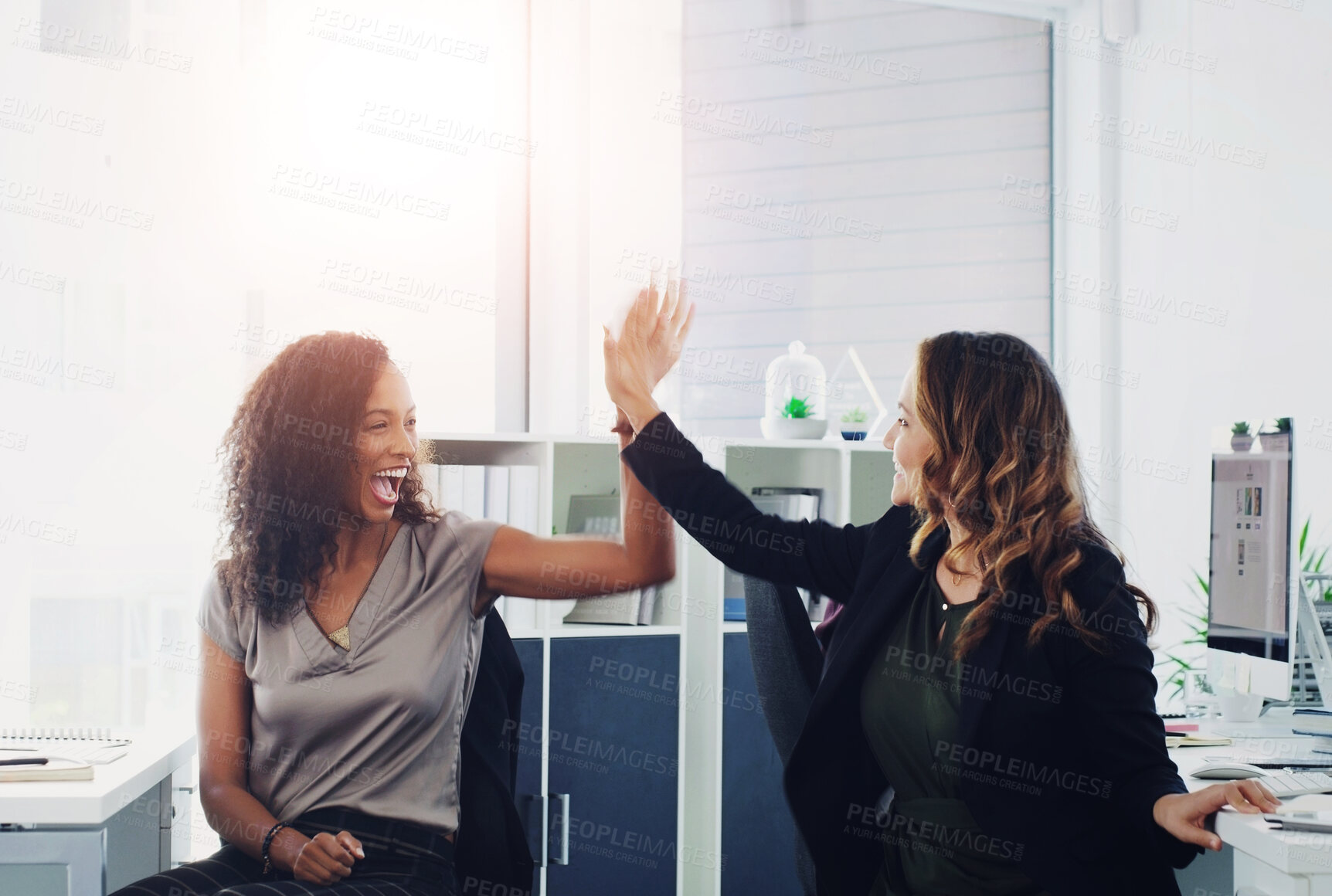 Buy stock photo High five, celebration and business women in office with public relations project victory. Happy, collaboration and female international communications team with client deal success in workplace.