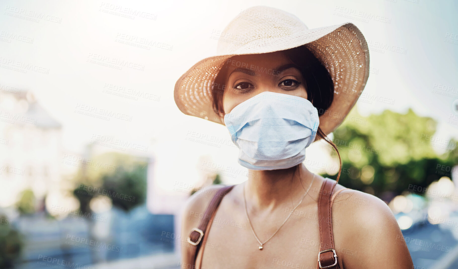 Buy stock photo Outdoor, woman or portrait with mask for travel, vacation or tourist journey to Japan. Female person, protection or holiday to Tokyo with air pollution, CO2 emissions or care with Covid 19 awareness