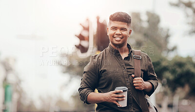 Buy stock photo Man, smile and walking in city with coffee for work commute, thinking and travel ideas. Indian guy, happy and urban journey to office with espresso, crossing street and contemplating for future job