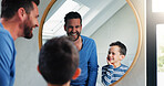 Morning, bathroom and dad with son or reflection, happy and playful for growth or development in house. Father, boy and mirror in home for learning facial care, grooming and bonding with love.