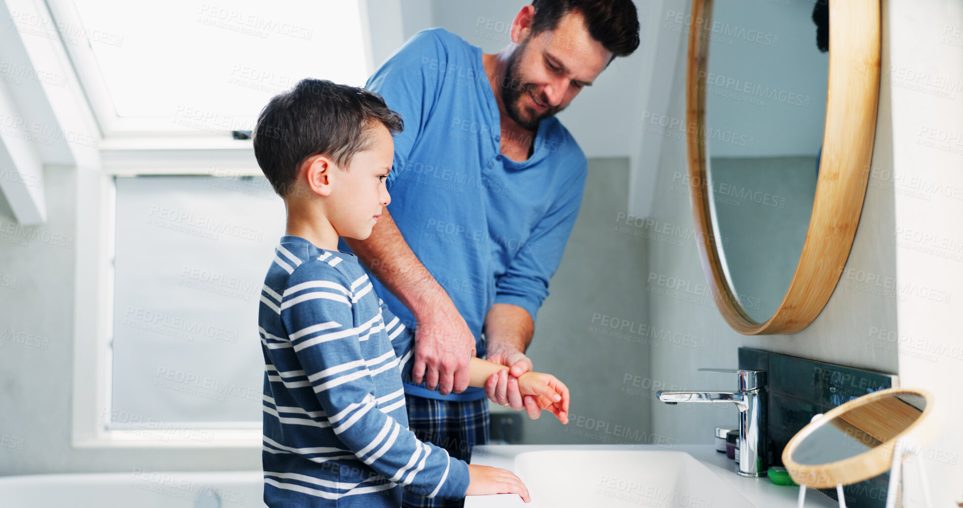 Buy stock photo Father, child and helping to washing hands in bathroom for hygiene, learning and health of cleaning safety. Man, boy and wellness support to stop bacteria, virus protection and bonding at house