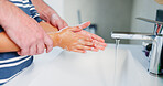 Washing, hands and family with soap in bathroom for teaching hygiene, water and health of cleaning palm. Person, child and learning wellness for germs treatment, bonding and stop bacteria at house