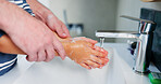 Family, washing and hands with soap in bathroom for teaching hygiene, water and health of cleaning palm. Person, child and learning wellness for germs treatment, bonding and stop bacteria at house