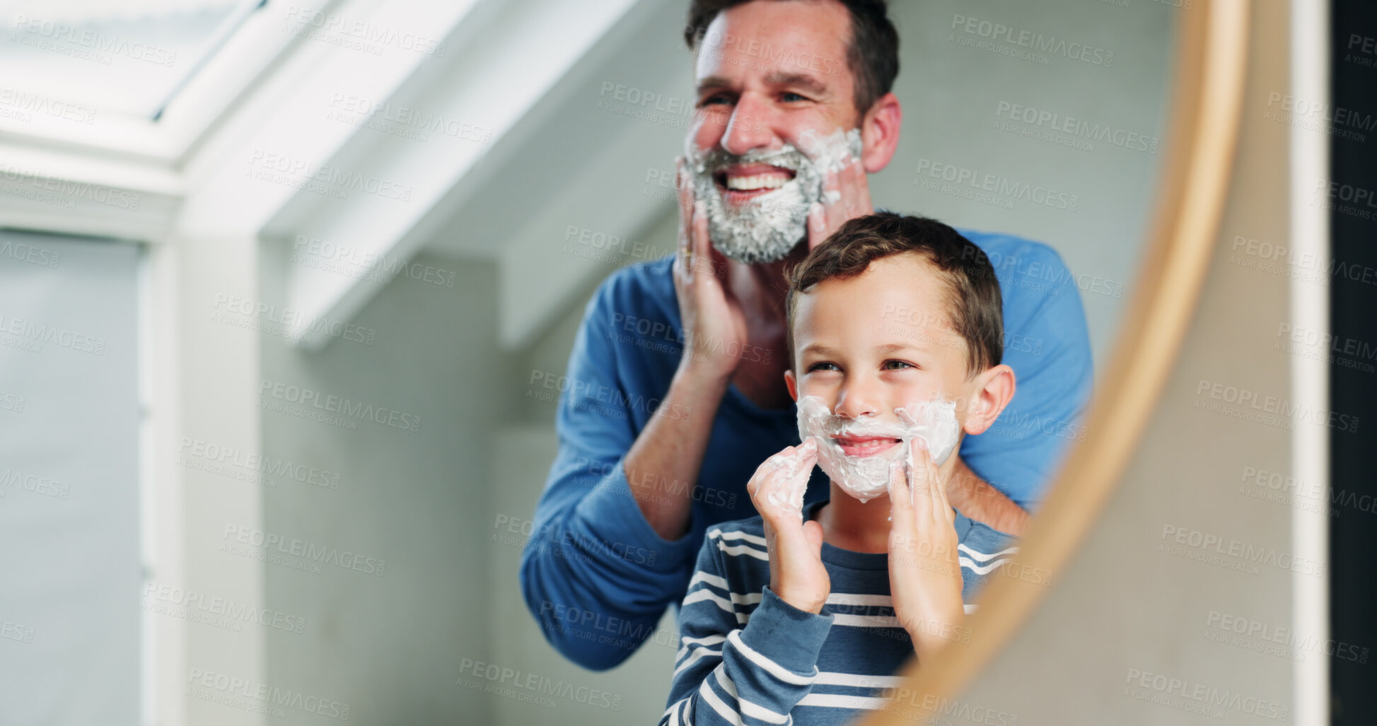 Buy stock photo Shaving cream, reflection and dad with son in bathroom, happy and playful practice for growth or development. Father, boy and mirror in home for learning facial care, grooming and bonding with love.