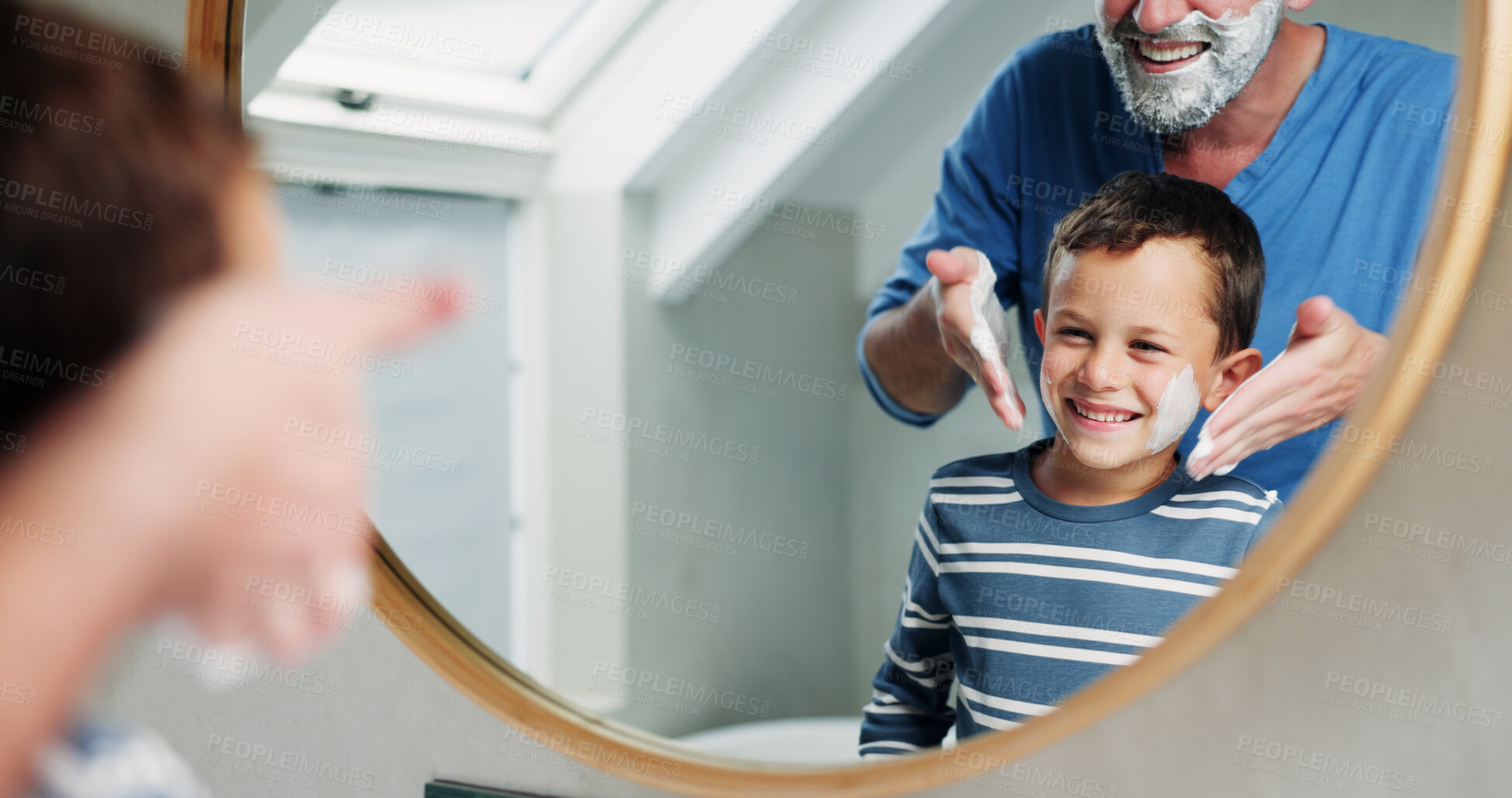 Buy stock photo Shaving cream, bathroom and father with son or reflection, happy and playful practice for growth or development. Dad, boy and mirror in home for learning facial care, grooming and bonding with love.