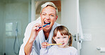 Dental care portrait, mother or child with brushing teeth in bathroom for oral hygiene education, learning or gum health. Family, parent or kid in home with cleaning mouth for routine or fresh breath