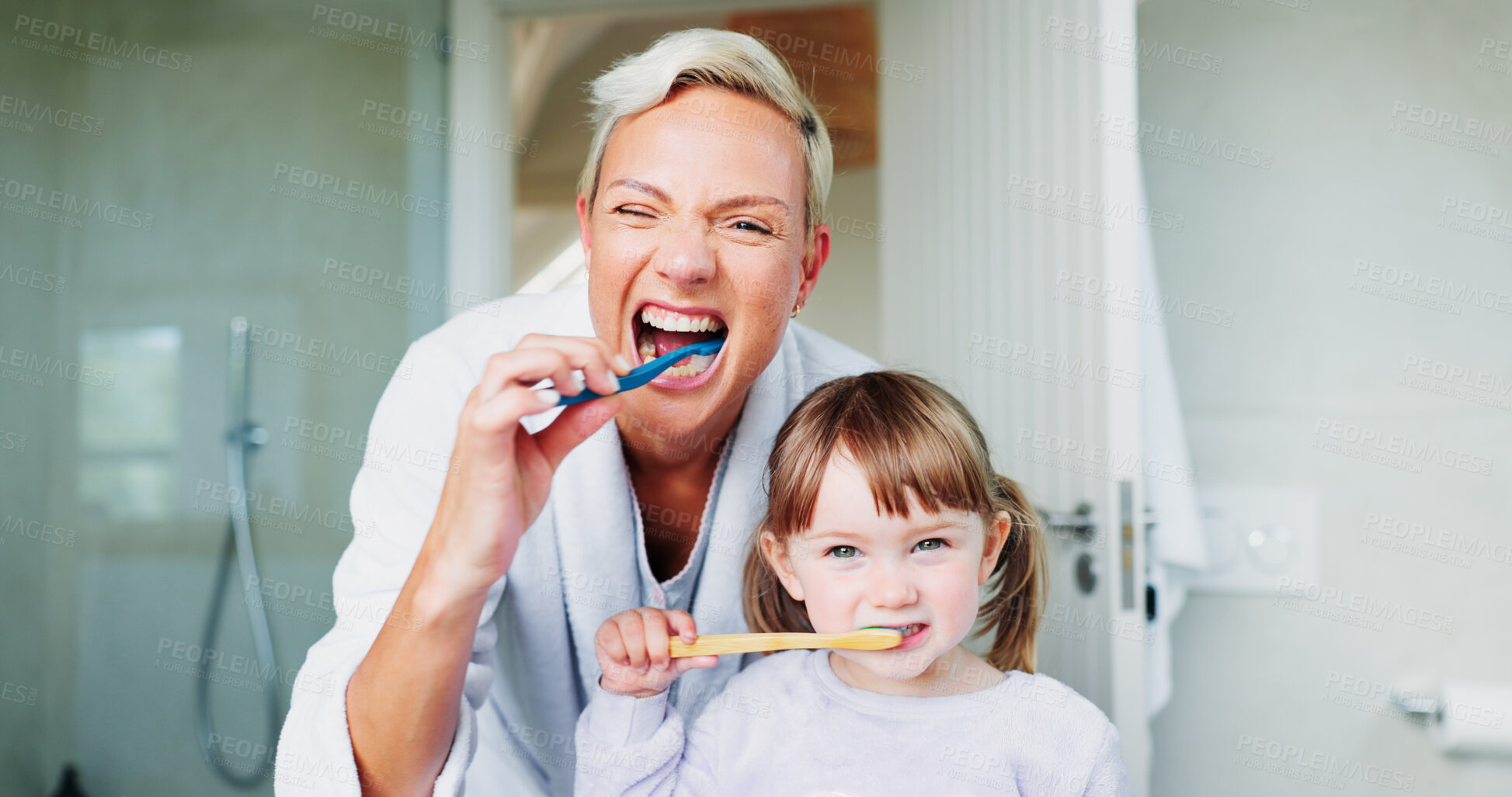 Buy stock photo Dental care portrait, mother or child with brushing teeth in bathroom for oral hygiene education, learning or gum health. Family, parent or kid in home with cleaning mouth for routine or fresh breath