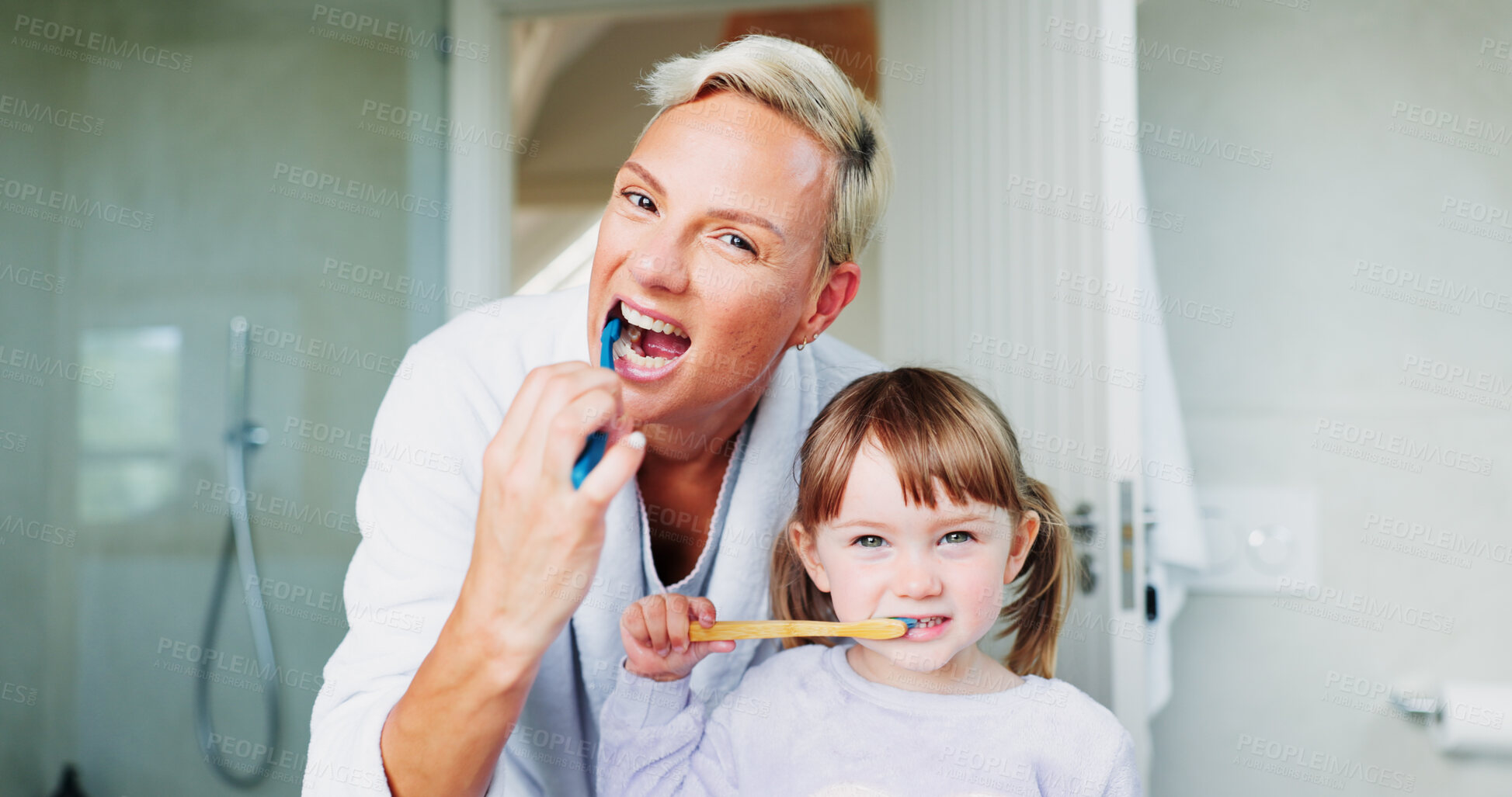 Buy stock photo Oral hygiene portrait, mother or child with brushing teeth in bathroom for dental care education, learning or gum health. Family, parent or kid in home with cleaning mouth for routine or fresh breath