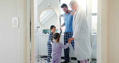 Buy stock photo Family, happy and dancing for fun in bathroom by holding hands, love and bonding together of morning energy. Smile, parents and children with moving development for support, trust and care at house