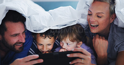 Buy stock photo Family, tablet and happy with blanket in home for watching movie, video or show with internet subscription. People, parents and kids with digital app for streaming cartoon, media and relax with duvet