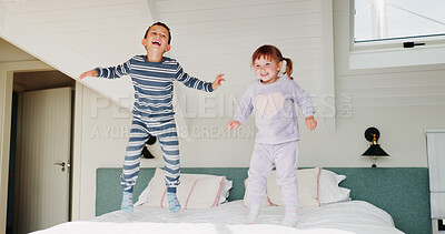 Buy stock photo Children, jump and playing on bed in home for fun activity, entertainment and energy in morning with smile. Sibling love, people and playful with bonding, excited and freedom in bedroom on weekend