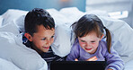 Night, bedroom and kids with tablet, siblings and typing with ebook, streaming film and connection. Home, evening and boy with girl, technology and digital app for online game, happiness or internet