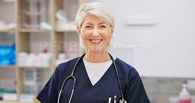 Buy stock photo Happy, mature and woman with portrait in vet for professional career in animal care, welfare and wellness. Female veterinarian, pet doctor and specialist with pride for expert support in healthcare.