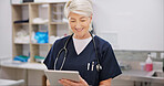 Happy, mature and woman with tablet in vet for veterinary research, treatment plans and pet medication. Female veterinarian, online and schedule appointment, digital prescription and animal records.