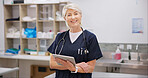 Pharmacist, tablet and inventory for stock, checking and medicine in drugstore, chemist or services. Woman, doctor and tech in pharmaceutical store for prescription, pills for information or advice