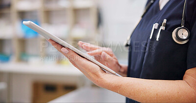 Buy stock photo Hands, person and vet with tablet in clinic for research, animal medicine or information of patient medical results. Doctor, specialist and digital for reading online report, pet health and diagnosis