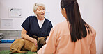 Mature, doctor and dog with woman in animal checkup, hospital and veterinary healthcare and veterinarian. Pet patient, professional and diagnosis examine, puppy wellness and help with owner
