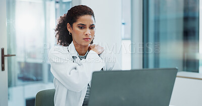 Buy stock photo Frustrated woman, doctor and shoulder pain with laptop for stress, pressure or strain at hospital. Tired female person or young medical employee with muscle tension or sore ache on computer at clinic