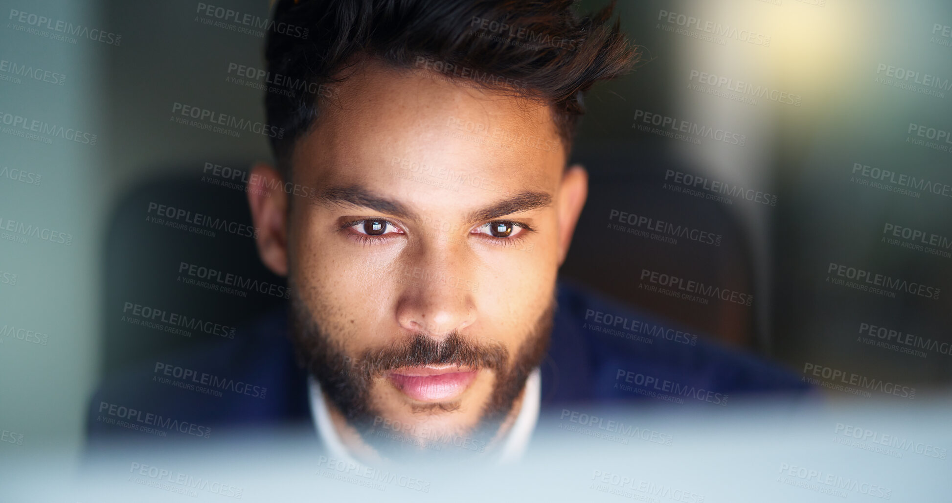 Buy stock photo Thinking, late and man in office, laptop and test of software for cybersecurity, programmer and night. Serious, overtime and employee for coding of website, IT and information technology in dark 