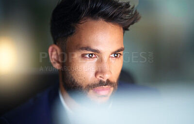 Buy stock photo Thinking, night and man in office, laptop and test of software for cybersecurity, programmer and bokeh. Serious, overtime and employee for coding of website, IT and information technology in dark 