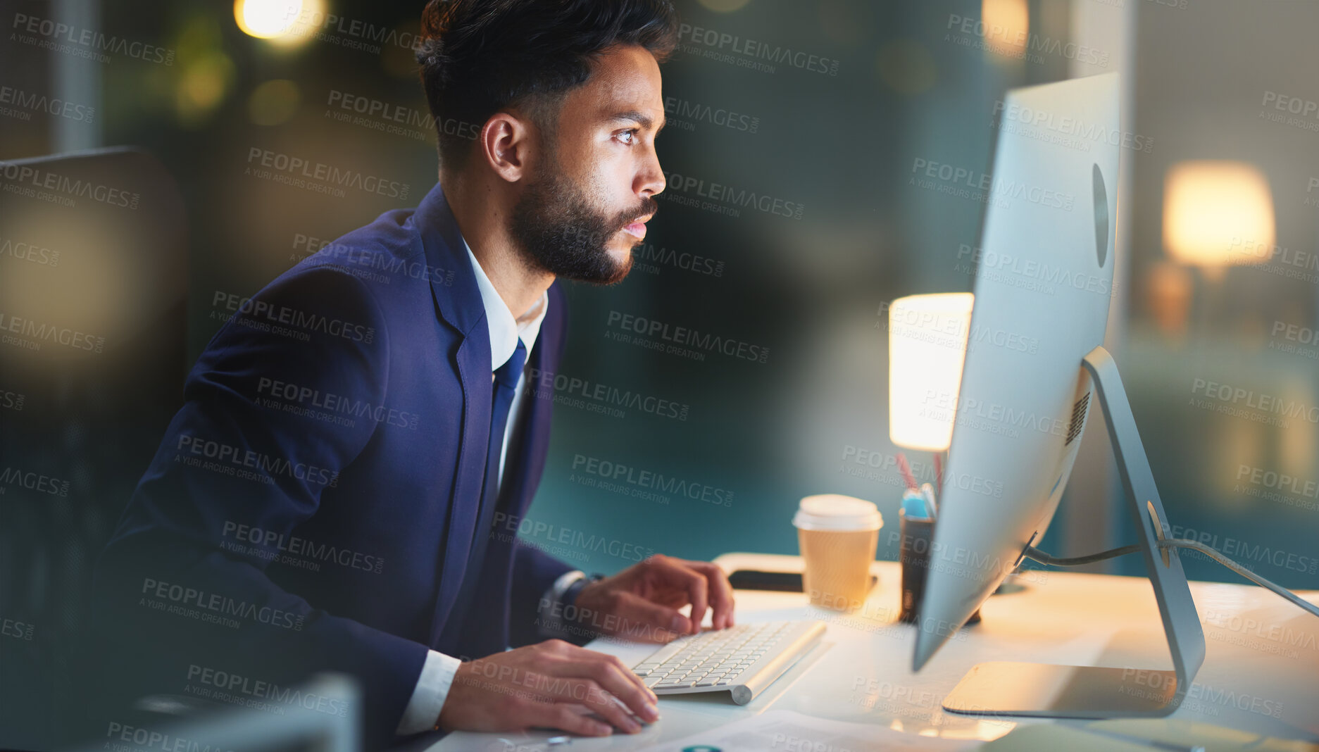 Buy stock photo Businessman, computer and reading information in office for research, statutory review and legal policy. Attorney, pc and search for intellectual property rights, law regulations and working at night