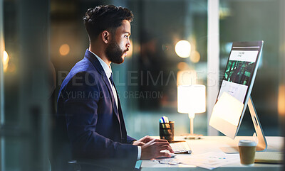 Buy stock photo Businessman, computer typing and office for stock broker, project graphic and research website. Corporate employee, working and entrepreneur for management, proposal or networking online for company
