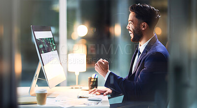 Buy stock photo Computer, winner and business man celebrate success, reward and lottery in office at night. Yes, excited and worker reading email for good news, goal achievement and bonus promotion for opportunity