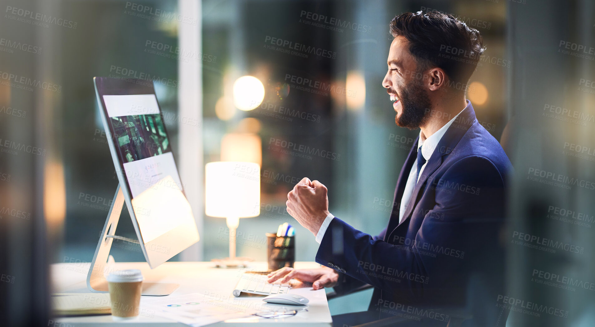 Buy stock photo Computer, winner and business man celebrate success, reward and lottery in office at night. Yes, excited and worker reading email for good news, goal achievement and bonus promotion for opportunity