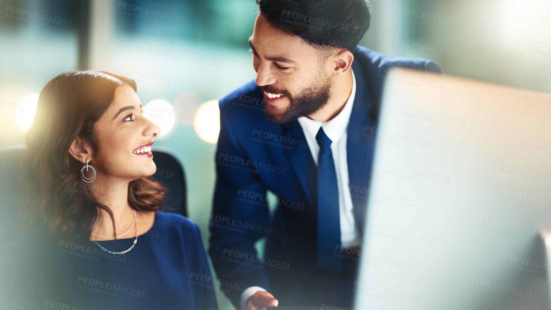 Buy stock photo Business people, teamwork and computer in office at night for corporate research, overtime or communication. Professional, collaboration or employees with pc for trading discussion or stocks planning