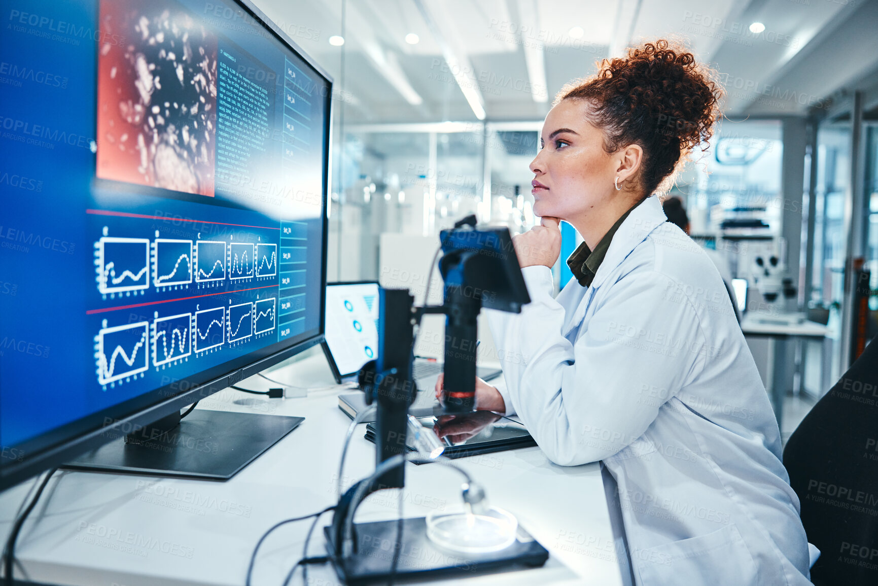 Buy stock photo Computer screen, science and thinking with woman in laboratory for development, innovation or research. Analysis, display and pharmaceuticals with scientist at work on medical biology or discovery