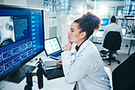 Computer, screen and scientist in laboratory with thinking, planning and analysis with medical research. Healthcare, woman doctor and brainstorm with digital for experiment, investigation and results