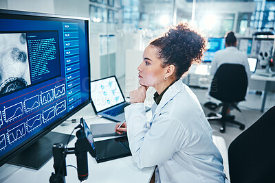 Buy stock photo Computer, screen and scientist in laboratory with thinking, planning and analysis with medical research. Healthcare, woman doctor and brainstorm with digital for experiment, investigation and results